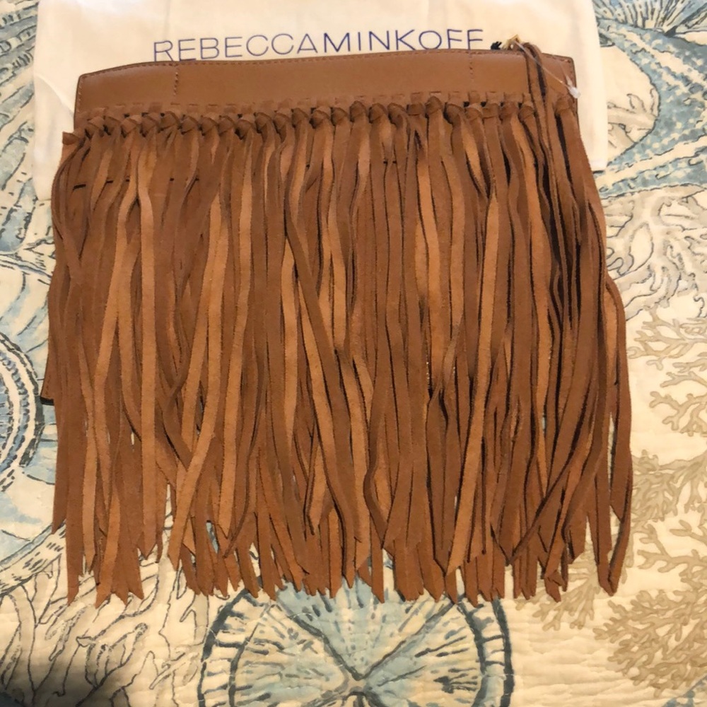Rebecca Minkoff Stevie fringe Clutch Almond NWT